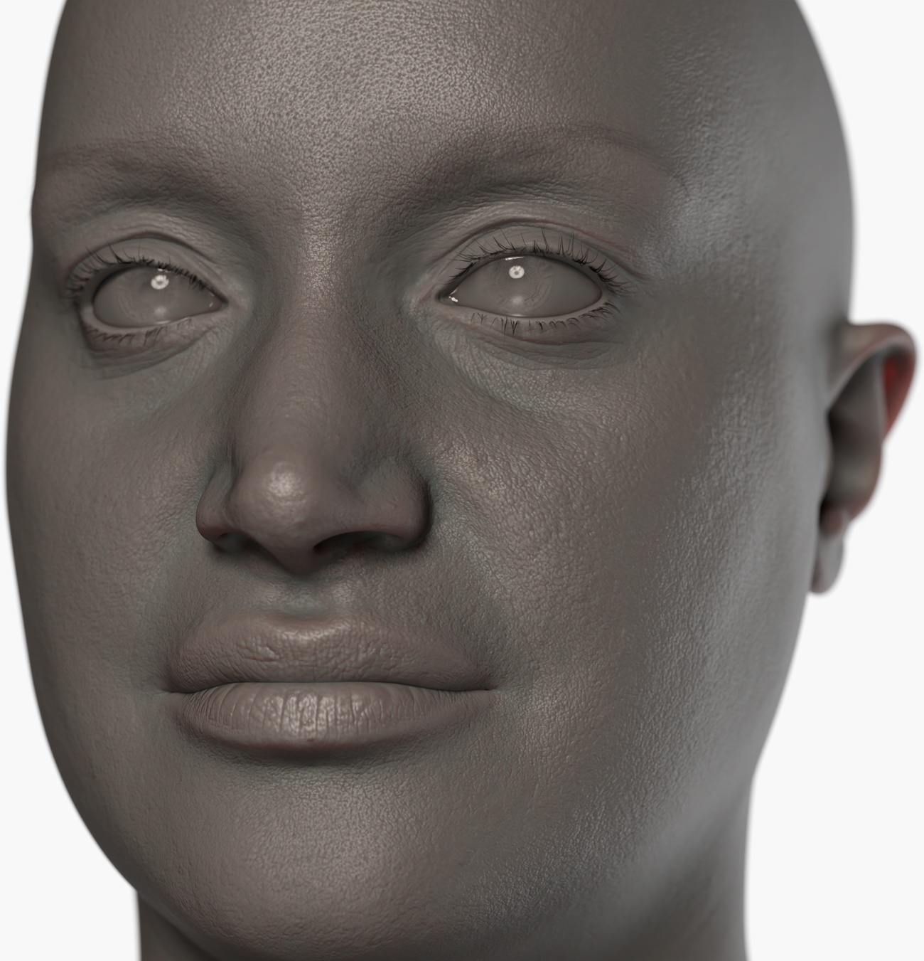 Clay render of a female 3D head scan showing fine skin pore and surface detail across the face